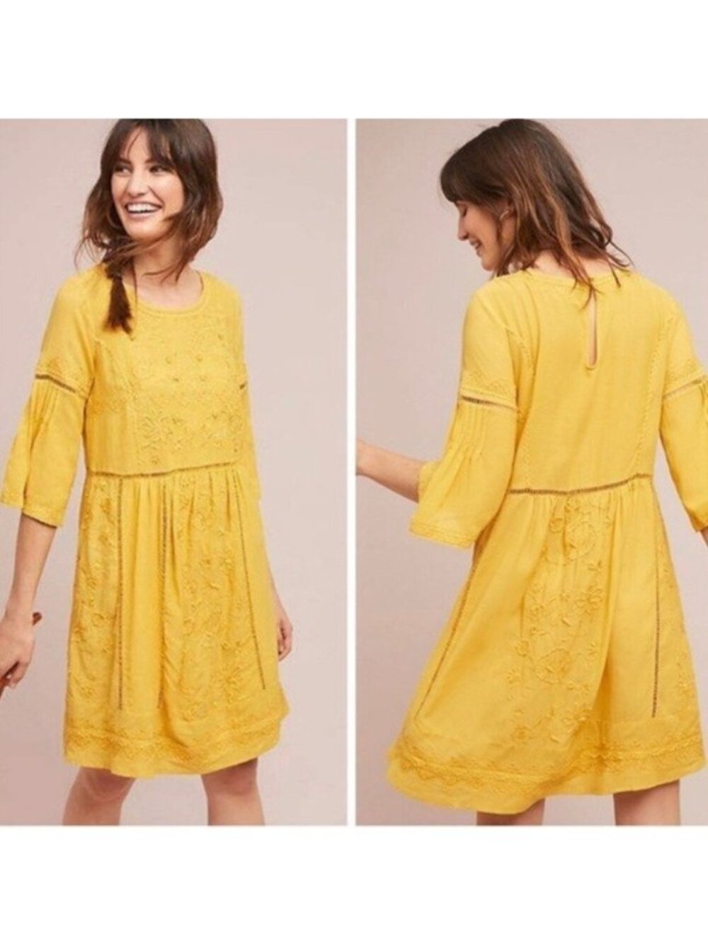 Anthropologie Akemi + Kin Womens Mini Dress Mustard Yellow Embroidered Boho S